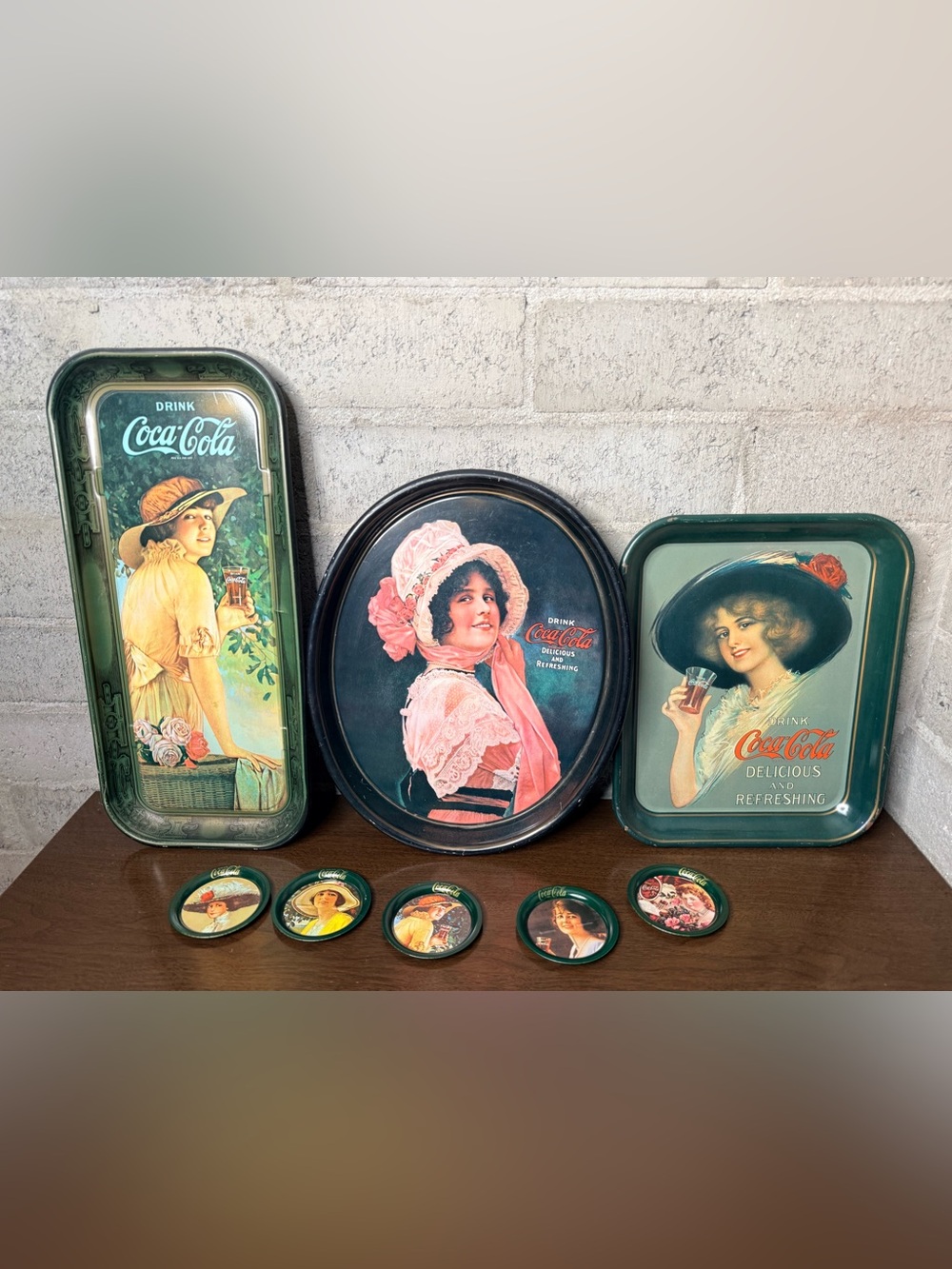 Vintage Coca Cola Serving Tray Lot Coasters Advertising Tin Decor Set